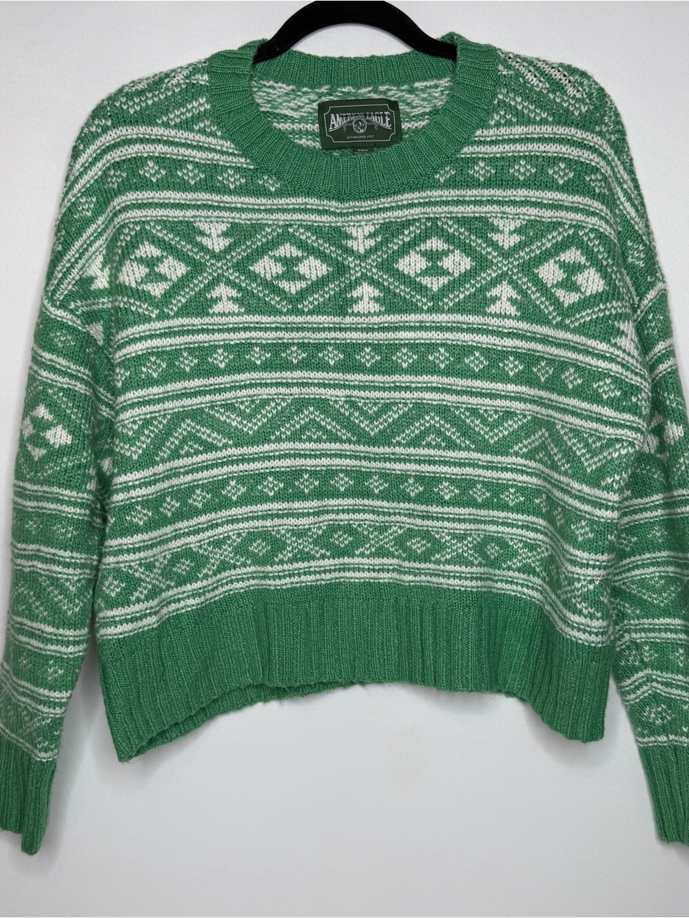 American Eagle Outfitters Green and White Fair Isle Crewneck Sweater
